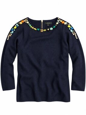 J.Crew Jeweled Beaded Merino Wool Blend Sweater Navy Size XS